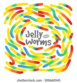 Candy gummy jelly worms, bright colors and spiral design. Gelatin sweets. Vector illustration for use in web design, print or other visual area.