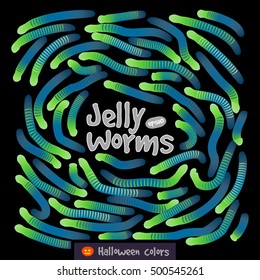 Candy gummy jelly worms, halloween colors and spiral design. . Halloween treats & sweets. Vector illustration for use in web design, print or other visual area.