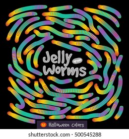 Candy gummy jelly worms, halloween colors and spiral design. . Halloween treats & sweets. Vector illustration for use in web design, print or other visual area.