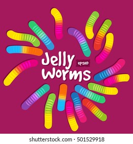 Candy gummy jelly worms, twist gelatin sweets of bright colors on purple or magenta background. Design in childish colorful style. Vector illustration for web design, print or other visual area.