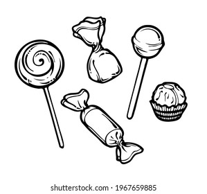 candy hand drawn black and white set. cartoon vector illustration can use for design