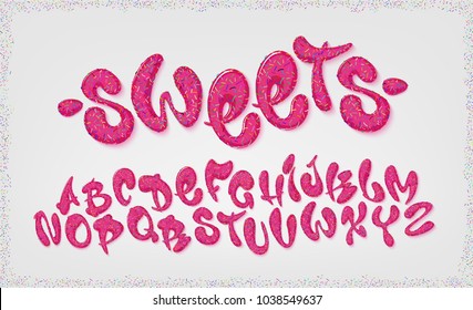 Candy Hand Drawn Typeset, Sweet Alphabet, Vector Illustration. Abc