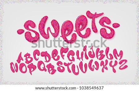 Candy hand drawn typeset, sweet alphabet, vector illustration. Abc