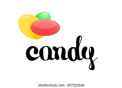 Candy hand lettering with candy, brush ink calligraphy, vector type design, isolated on white background.