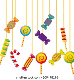 candy hanging off rope over white background. vector illustration