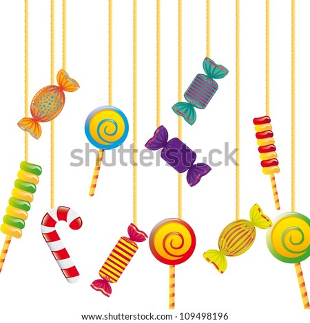 candy hanging off rope over white background. vector illustration
