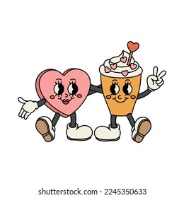El corazón dulce y la taza de café se están abrazando. Emociones alegres y alegres. Vieja animación de los años 70, graciosos personajes de caricatura. Ilustración de moda en estilo retro. Vector de fondo aislado.