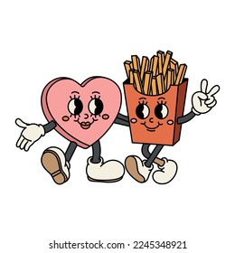 Süßes Herz und Pommes frites umarmt. Fröhliche und fröhliche Emotionen. Alte Animation 60er 70er, lustige Cartoon-Figuren. Trendy Valentinstag Illustration im Retro-Stil. Vektorgrafik.