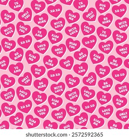 candy heart sayings pattern, hot pink groovy romantic background for wrapping paper, textile, valentine gifts, love letter envelope, vector design