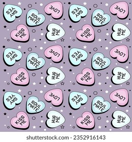 Candy heart sayings. Pattern, texture. Vector illustration.