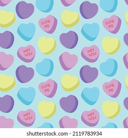 Candy heart seamless pattern, simple, pastel color, valentine,  sweet, kiss, love, sweetheart, cutie pie, hey you, light blue background