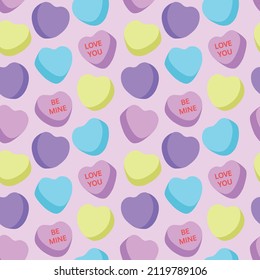 Candy heart seamless pattern, simple, pastel color, valentine,  sweet, kiss, love you, sweetheart, be mine, light pink background