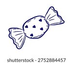 Candy with heart wrap drawn in hand sketch linework. Sweet treat icon for bakery, party, and holiday themes. Vector illustration