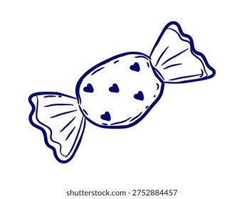 Candy with heart wrap drawn in hand sketch linework. Sweet treat icon for bakery, party, and holiday themes. Vector illustration
