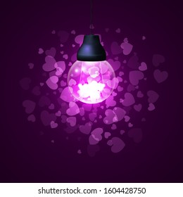 Candy hearts around a bright light bulb on a pink background. Valentine's Day. Vector illustration.