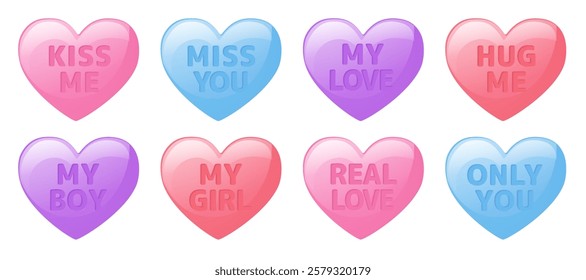 Candy hearts for love conversation for Valentines day. Sweethearts candies in pastel colors with romantic text messages and cute words isolated on white background, vector cartoon illustration