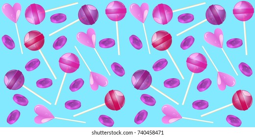 Candy and Hearts on Blue Background 