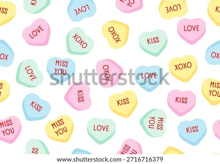 Candy Hearts Pattern. Valentine's Day pink heart candy seamless pattern. Candy with Valentine messages