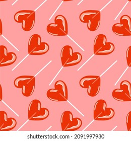 Candy hearts pattern vector. Vector pattern with lollipops. Wrapping textile fabric wallpaper design. Seamless pattern. Printing on textiles, fabrics, packaging. Flat design, cartoon, hand-drawn.