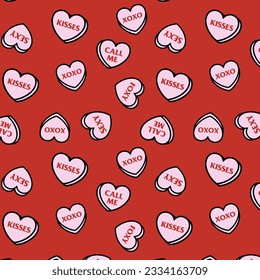 Candy Hearts Red background Seamless Pattern