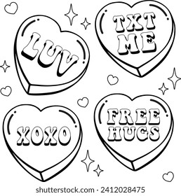 Candy hearts retro, colouring page valentine, love luv, text txt, free hugs, xoxo vector 