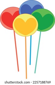 Candy with hearts. Simple illustration, sweets on a stick, red, blue, yellow and green colors.