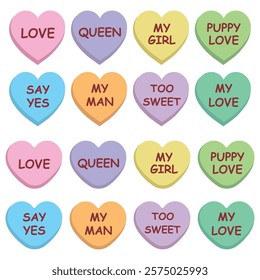 Candy Hearts. Hearts for Valentine's Day. Sweet heart candies isolated on white background. Set of hearts. Valentine's Day sweets. Conversation hearts for love messages