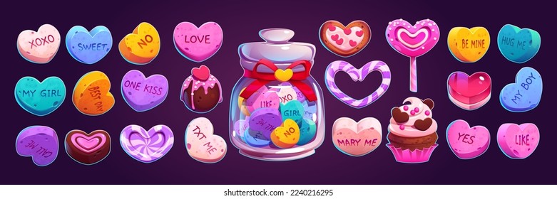 Candy hearts, Valentines day sweets in shape of love symbol. Cute conversation candies, lollipop, chocolate cake, cookie and glass jar with sweet hearts, vector cartoon illustration