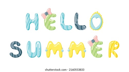 Candy Hello Summer Lettering. Divertidas letras de caramelo de caramelo de caramelo. Ilustración vectorial linda con texto. Diseño de bebés para duchas, afiches, ropa, pancartas, arte en la pared, tarjetas.
