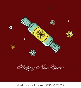 Candy for the holiday. Firecracker for New Year or Christmas. Postcard with candy or firecracker to decorate the holiday. Festive firecracker for birthday or holidays. Happy New Year.