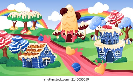 Candy house background. Fantasy landscape with tale candy castles and ginger bread houses. Vector set