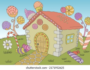 Candy house building exterior graphic color landscape sketch illustration vector