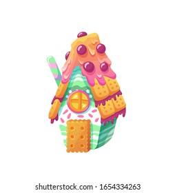 Candy house of cake and cookies. Cute sweet dessert in cartoon style. Vector illustration.