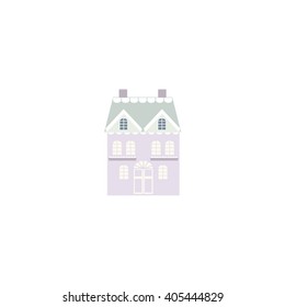 Candy house made in pastel colors, with windows, roof, doors covered with snow.  Vector illustration. 