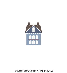 Candy house made in pastel colors, with windows, roof, doors covered with snow.  Vector illustration. 