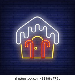 Candy house neon sign. Invitation, dessert or advertisement design. Night bright neon sign, colorful billboard, light banner. Vector illustration in neon style.