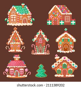 Candy houses. Gingerbread baked christmas cookies decorative food for winter celebration time recent vector stylized funny houses isolated