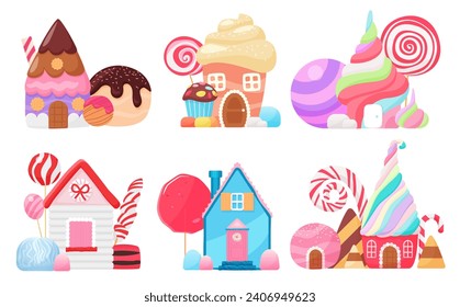 Candy houses set. Fairy tale buildings with whipped rainbow cream and chocolate roofs, cookie windows, fantasy marshmallow and cake, candy cane and lollipop decorations cartoon vector illustration