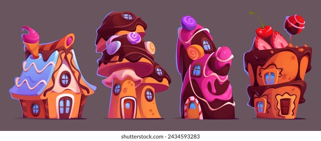 Candy houses set isolated on black background. Vector cartoon illustration of sweet land design elements, gingerbread houses with chocolate roof, lollipop and ice cream decoration, dessert buildings