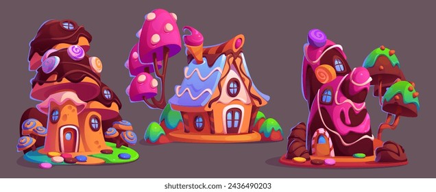 Candy houses set isolated on black background. Vector cartoon illustration of sweet land design elements, gingerbread houses with chocolate roof, lollipop and ice cream decoration, dessert buildings