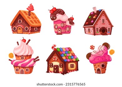 Candy houses set vector illustration. Cartoon isolated confectionery snack castles collection, colorful sweet buildings of candy world with lollipop and cream roofs, cookie, biscuit and cake walls