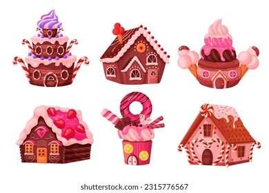 Las casas de caramelos establecen la ilustración vectorial. Caricatura aislada de pan de jengibre, pastel de chocolate y quequitos edificios de fantasía para tierras de cuentos de hadas con galletas y donuts, caramelo de caramelo de caramelo de caramelo y helados decoración