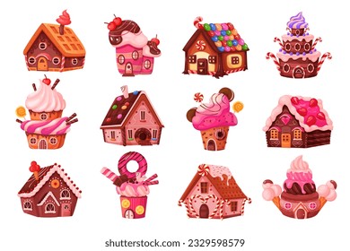 Las casas de caramelos establecen la ilustración vectorial. Caricatura aislada confitería fantasía colección mundial con casas de jengibre y quequitos mágicos, edificios de pasteles de cuento de hadas con ventanas, puertas y techos