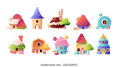 Casas de golosinas. Un paisaje de fantasía dulce con iconos decorativos de deliciosos edificios de caramelo de chocolate, elementos abstractos infantiles. Juego de dibujos animados vectores. Casas de cuento de hadas con helados y glazas