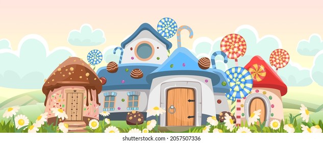 Candy hut among daisies. Sweet caramel fairy house. Summer cute landscape. Illustration in cartoon style flat design. Picture for children. Vector.