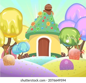 Candy hut among jelly and marmalade. Sweet caramel fairy house. Summer cute landscape. Illustration in cartoon style flat design. Picture for children. Vector.