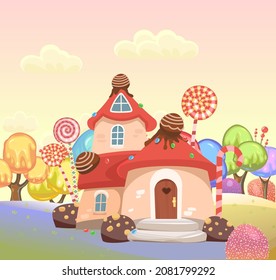 Candy hut with chocolate. Sweet caramel fairy house. Summer cute landscape. Illustration in cartoon style flat design. Picture for children. Vector.