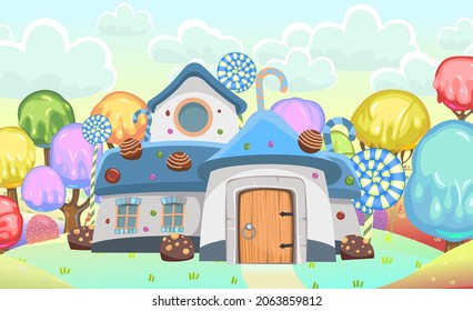 Candy hut in colorful forest with ice cream and jelly trees. Sweet caramel fairy house. Summer cute landscape. Illustration in cartoon style flat design. Picture for children. Vector.