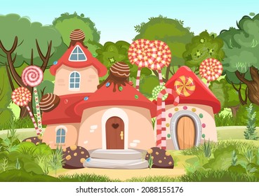 Candy Hütte Am Waldrand. Sweet caramel Fee House. Sommersüße Landschaft. Illustration im Cartoon Stil flach Design. Bild für Kinder. Vektorgrafik.