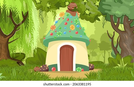 Candy hut in forest with willows and oaks.. Sweet caramel fairy house. Summer cute landscape. Illustration in cartoon style flat design. Picture for children. Vector.